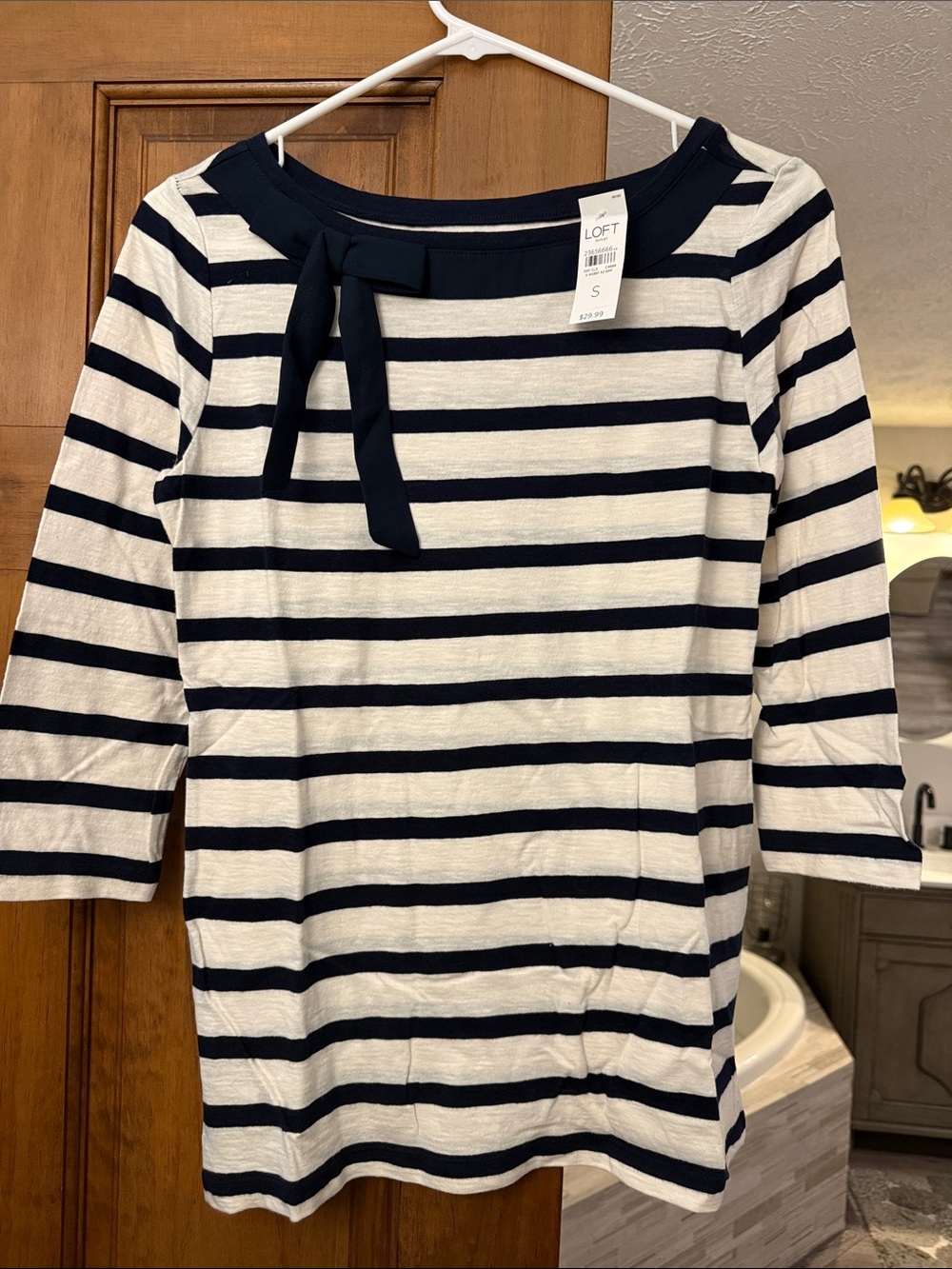 LOFT Navy & White Striped Boatneck Top with Neck Bow